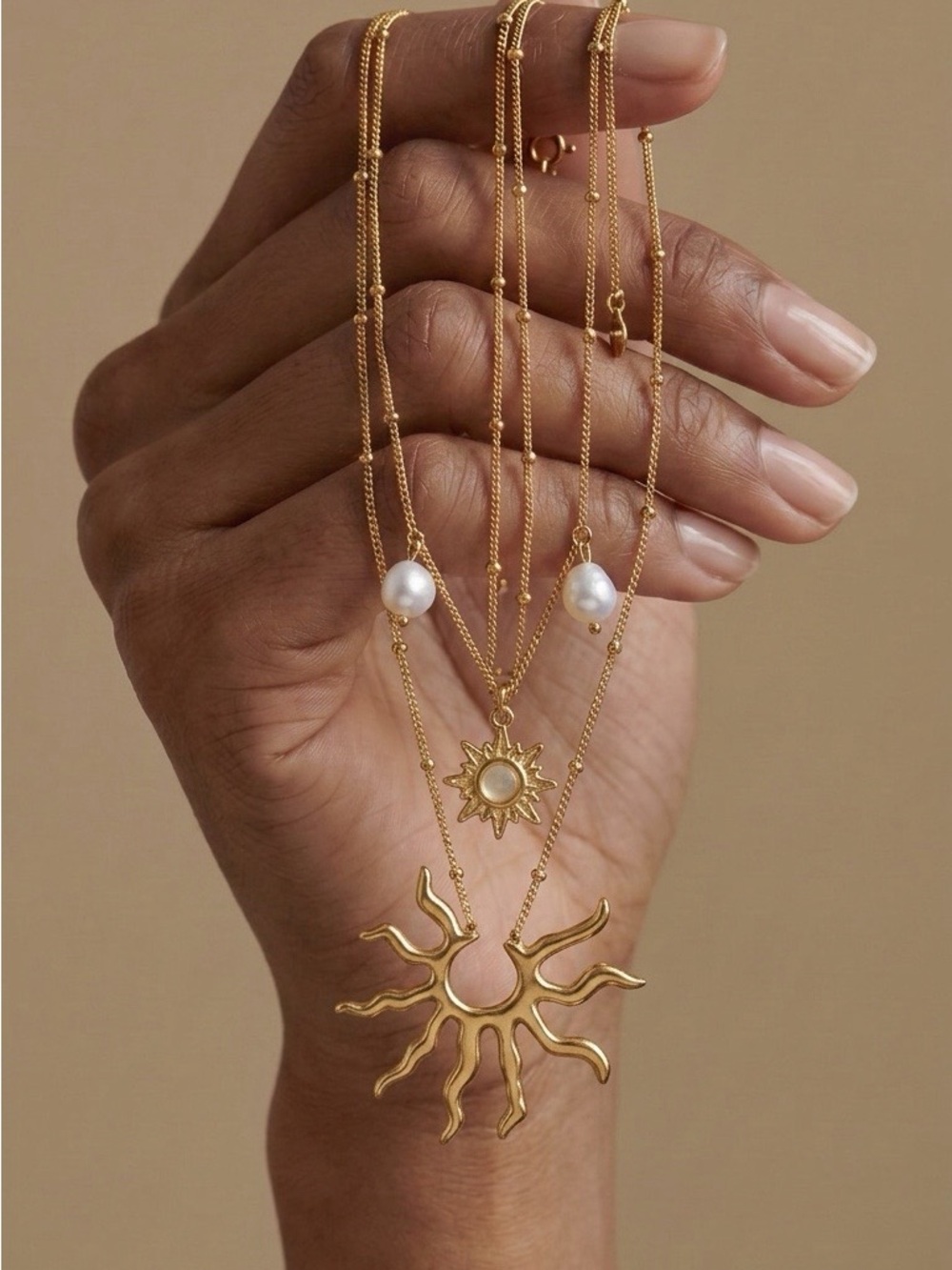 Stainless Steel Sun & Pearl Layered Pendant Necklace - Women Jewelry